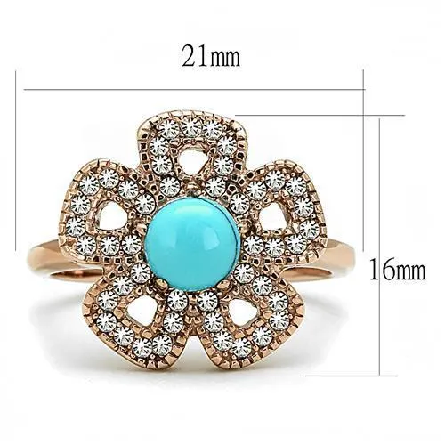 IP Rose Gold(Ion Plating) Stainless Steel Ring with Synthetic Turquoise in Sea Blue for Women Style TK3201