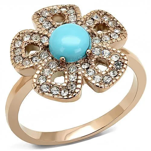 IP Rose Gold(Ion Plating) Stainless Steel Ring with Synthetic Turquoise in Sea Blue for Women Style TK3201