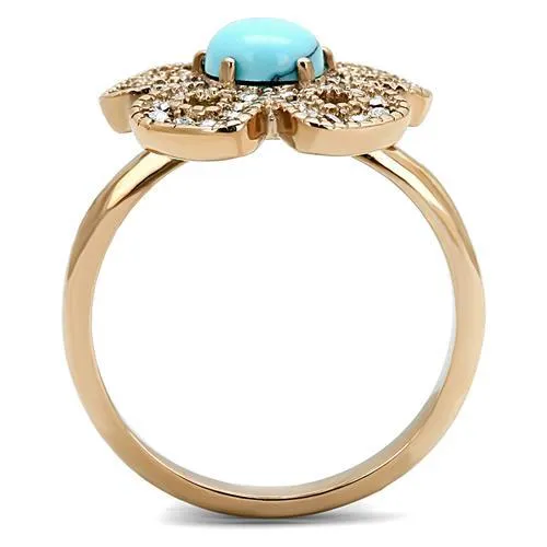 IP Rose Gold(Ion Plating) Stainless Steel Ring with Synthetic Turquoise in Sea Blue for Women Style TK3201