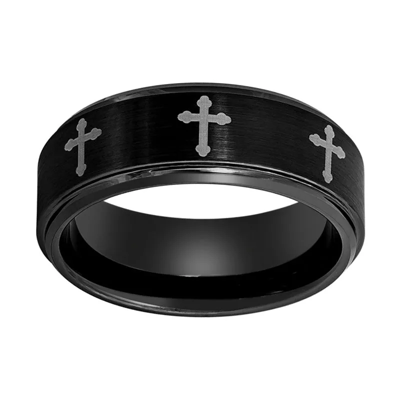 IRONLANCE | Tungsten Ring 8 Laser Engraved Crosses