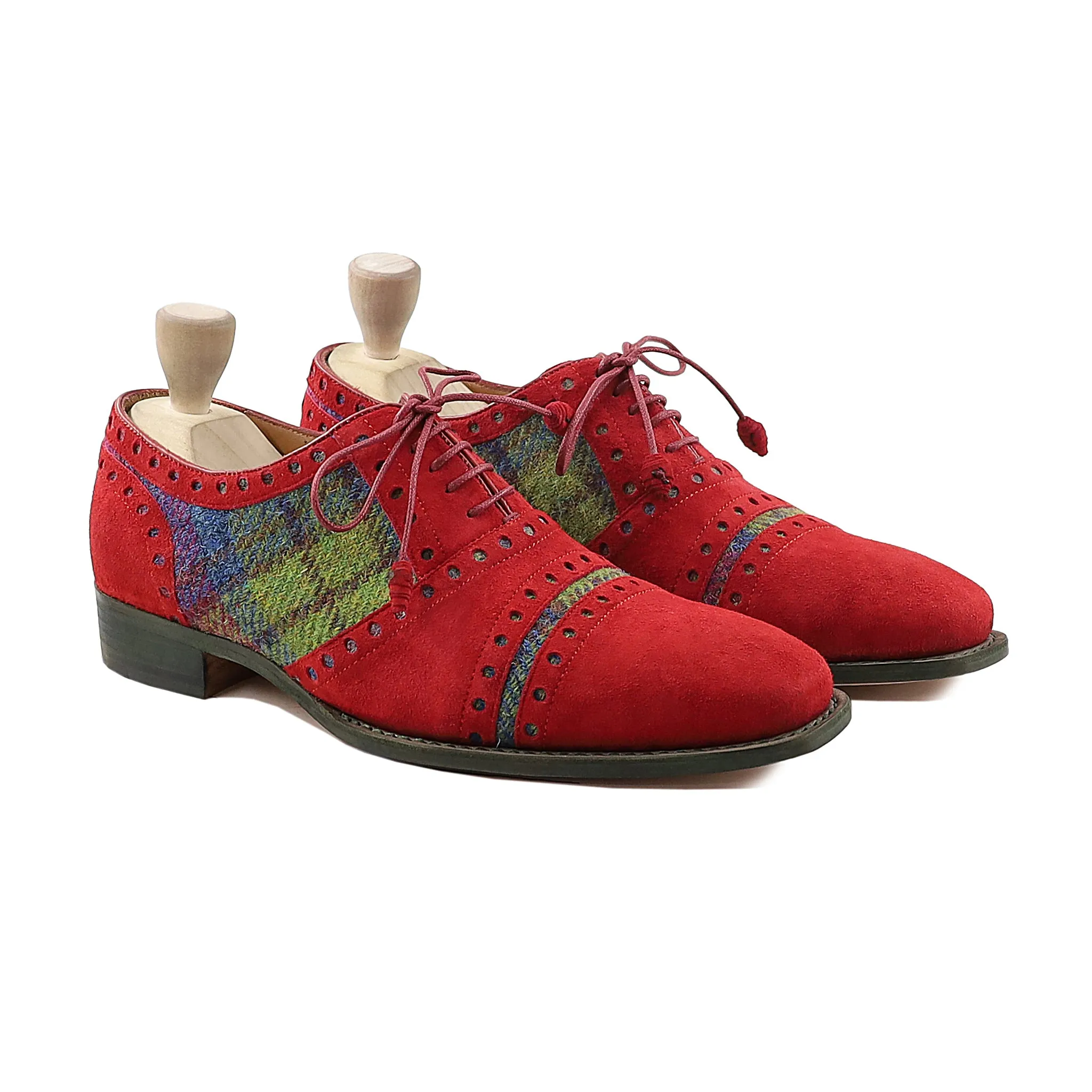 Marok - Men's Red Kid Suede and Harris Tweed Oxford Shoe