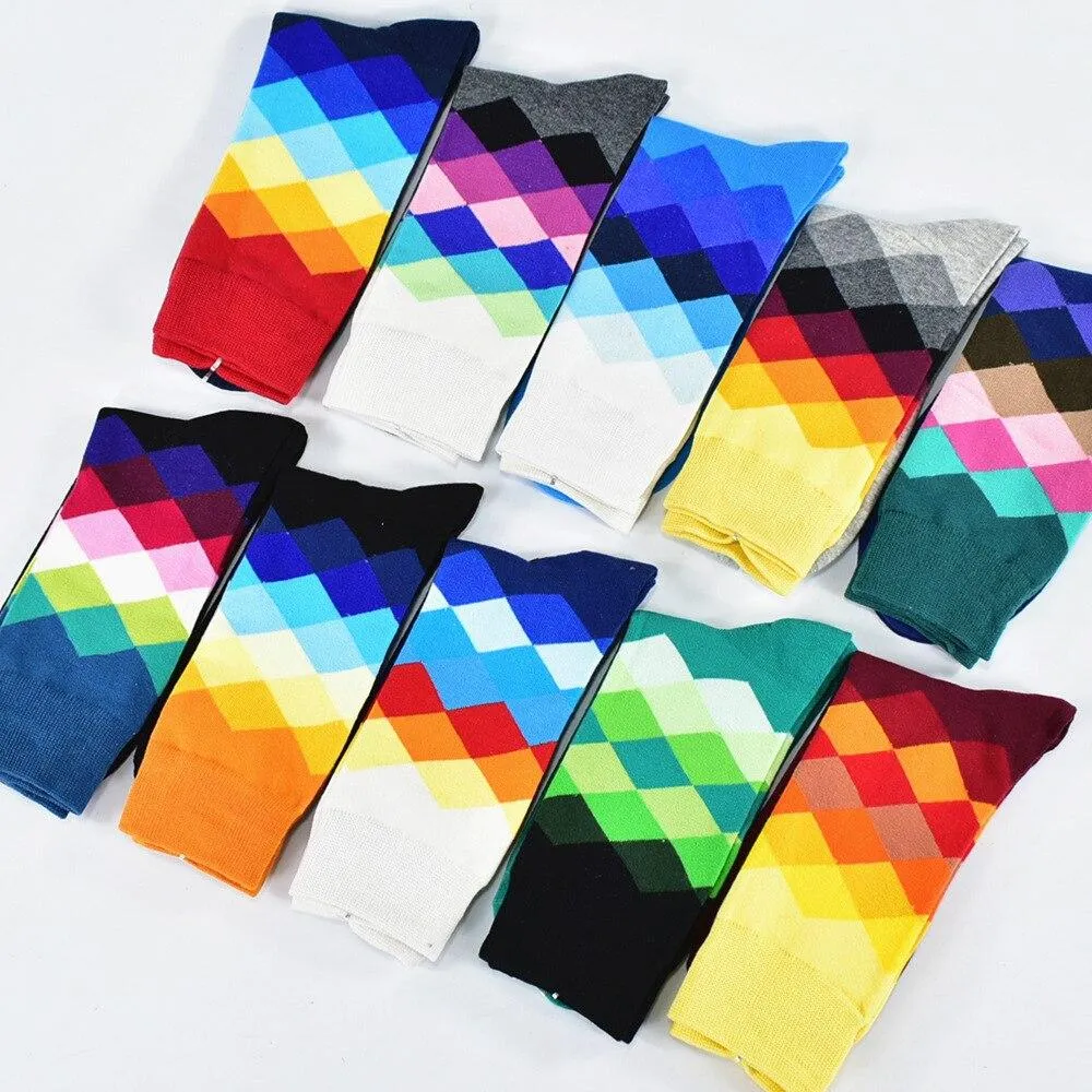 Men Cotton Diamond Pattern Happy Socks