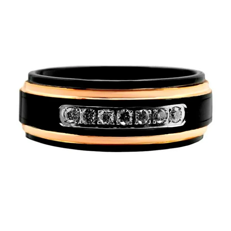 Men's 8mm Diamond Black Tungsten Rose Gold Wedding Band