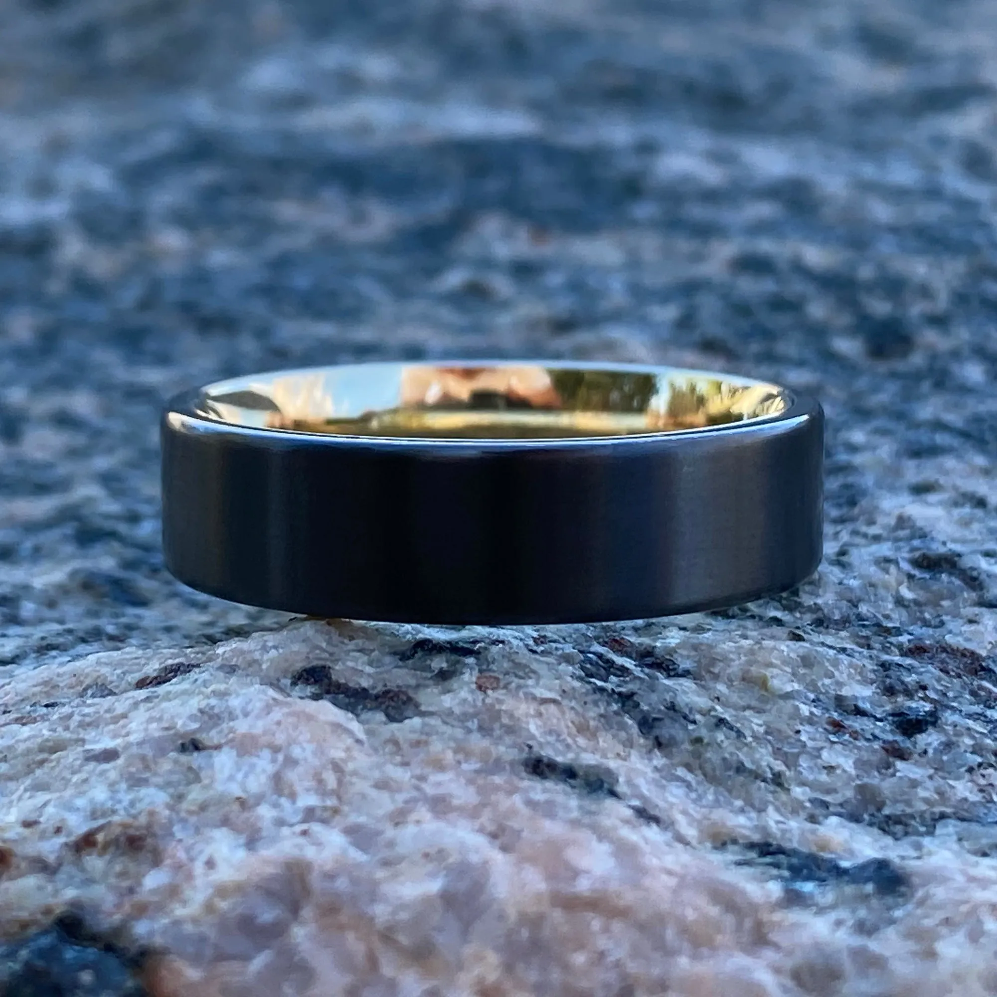 Men's Black Zirconium Ring - 6mm Mens Ring with 14k Yellow Gold Sleeve - Comfort Fit - Mens Wedding Bands