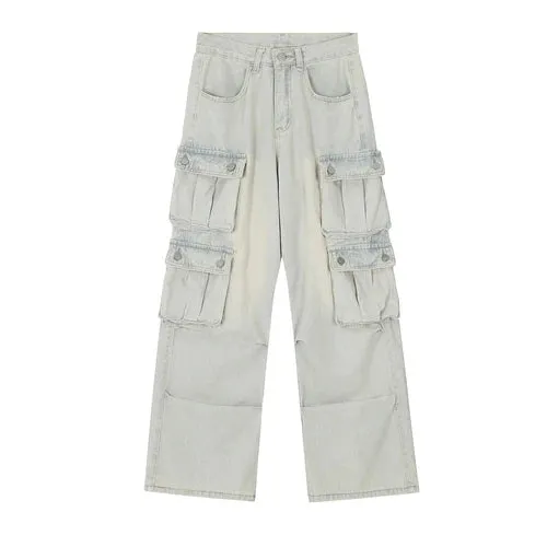 Multi-pocket Washed Cargo Jeans with Stripe Fabric - Y2k Men's Jeans