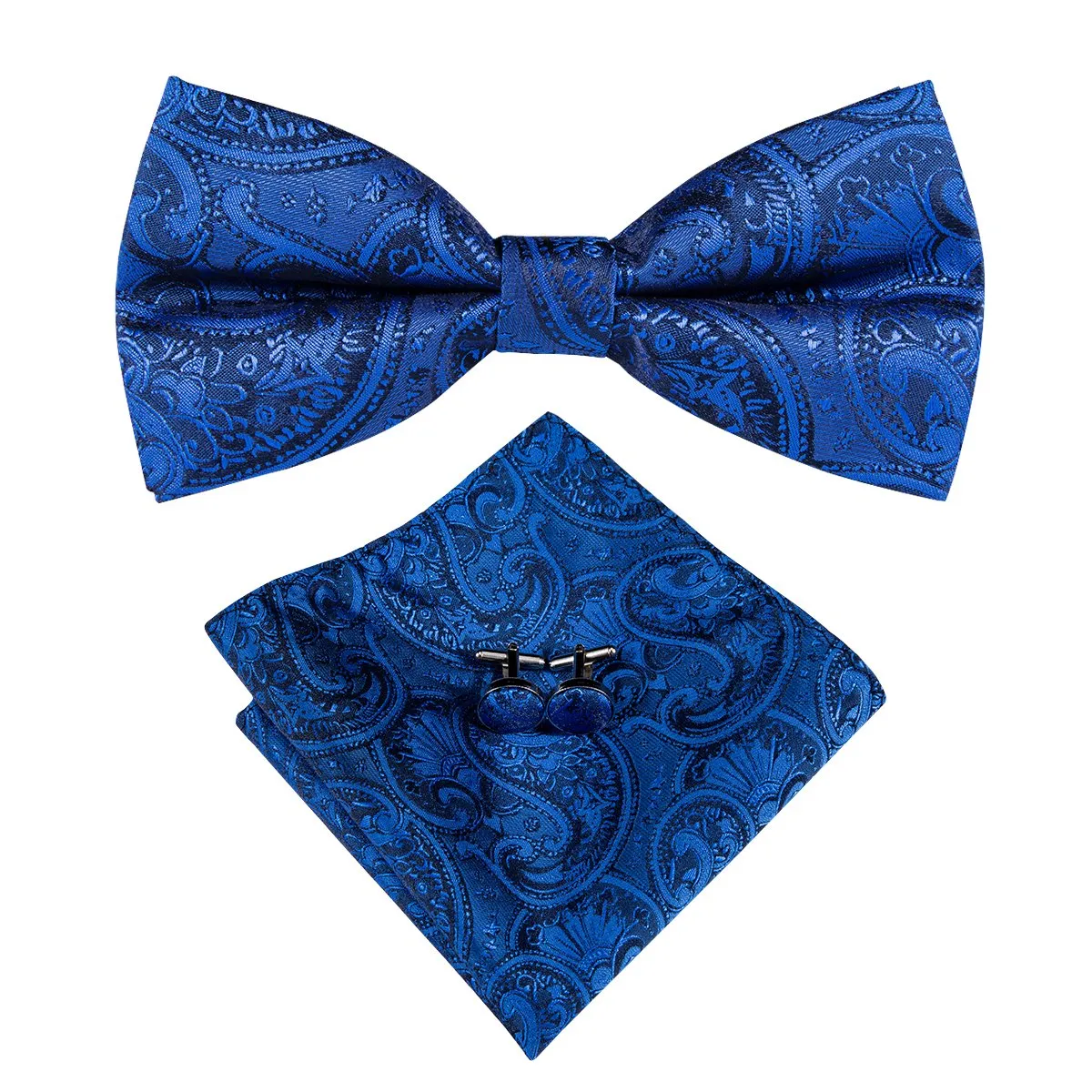 Navy Blue Paisley Pre-tied Bow Tie Hanky Cufflinks Set