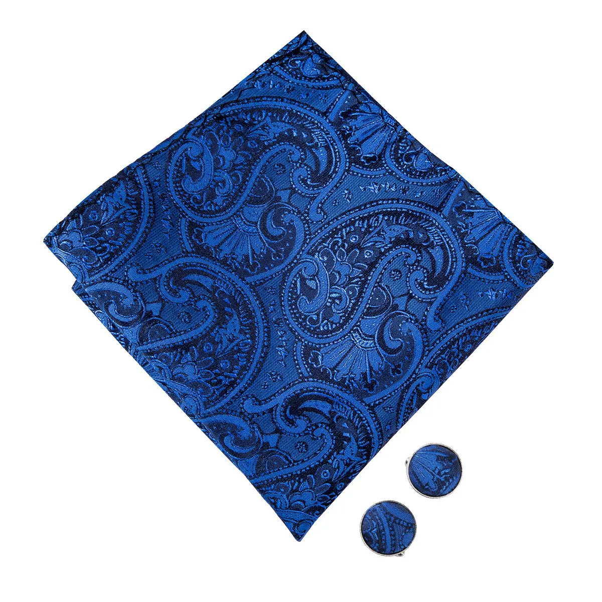 Navy Blue Paisley Pre-tied Bow Tie Hanky Cufflinks Set