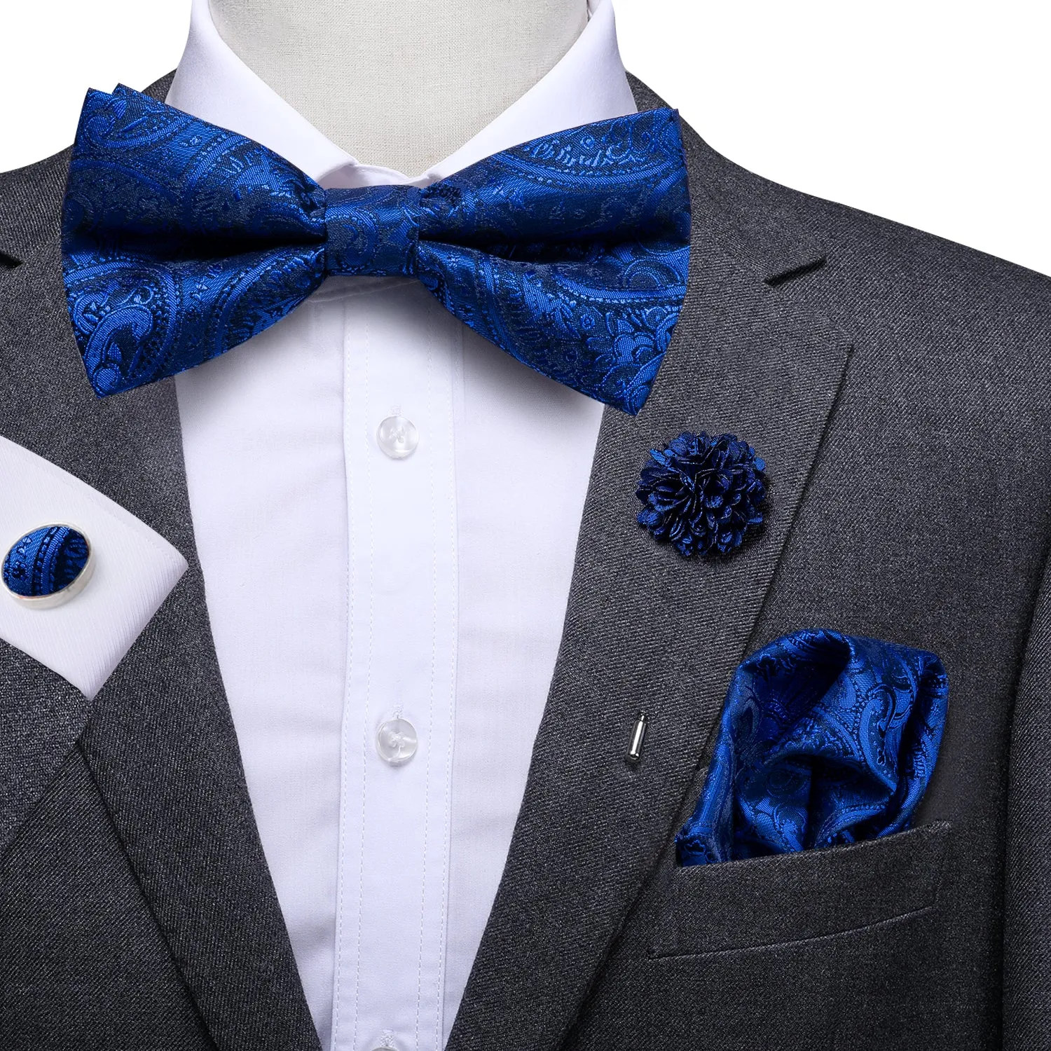 Navy Blue Paisley Pre-tied Bow Tie Hanky Cufflinks Set