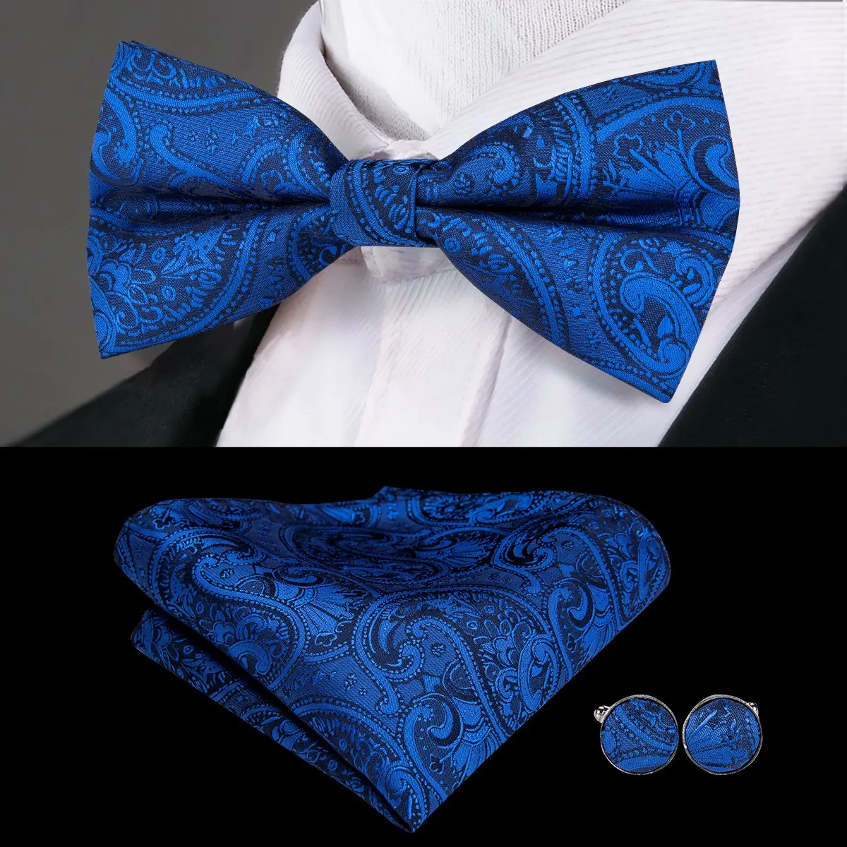 Navy Blue Paisley Pre-tied Bow Tie Hanky Cufflinks Set