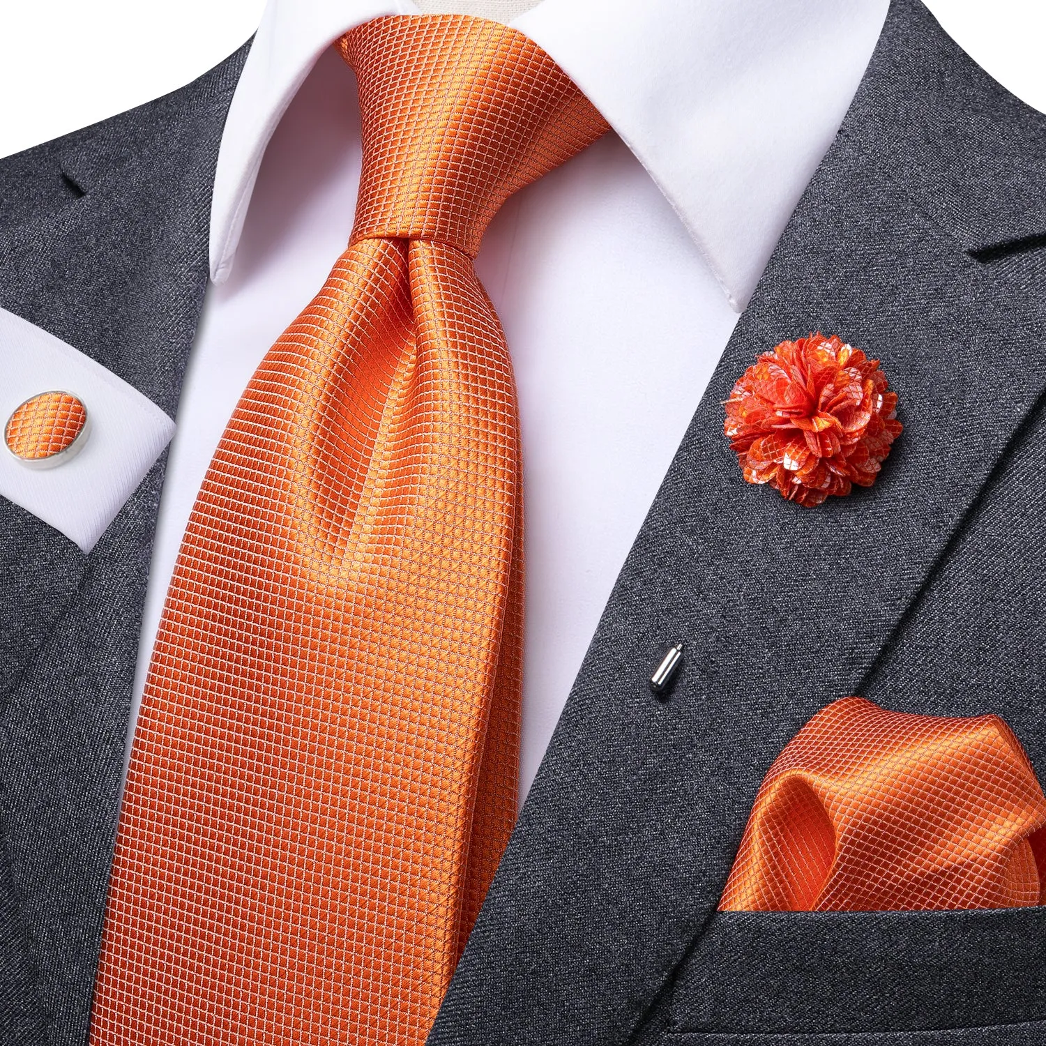 Orange Solid Tie Pocket Square Cufflinks Set with Brooch