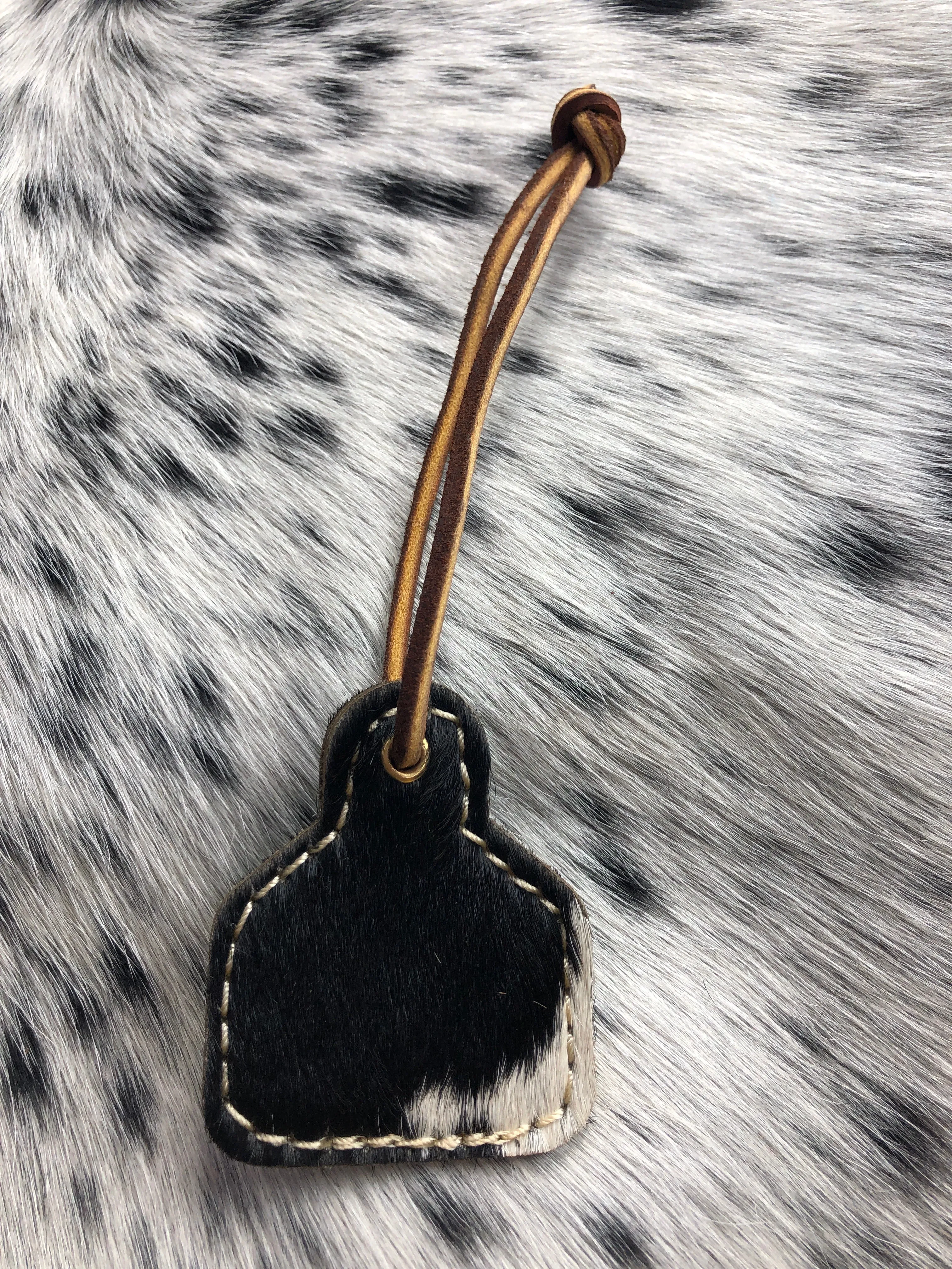 Personalized Black Cowhide Ear Tag Leather Key Chain