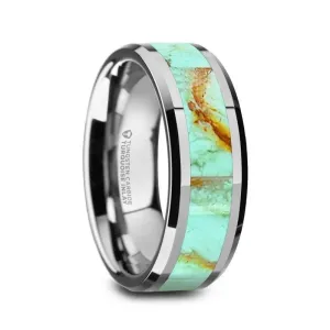 PIERRE Polished Tungsten Ring with Light Blue Turquoise Stone Inlay & Polished Beveled Edges - 8mm