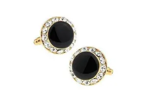 Round Black Enamel and White Crystal Cufflinks