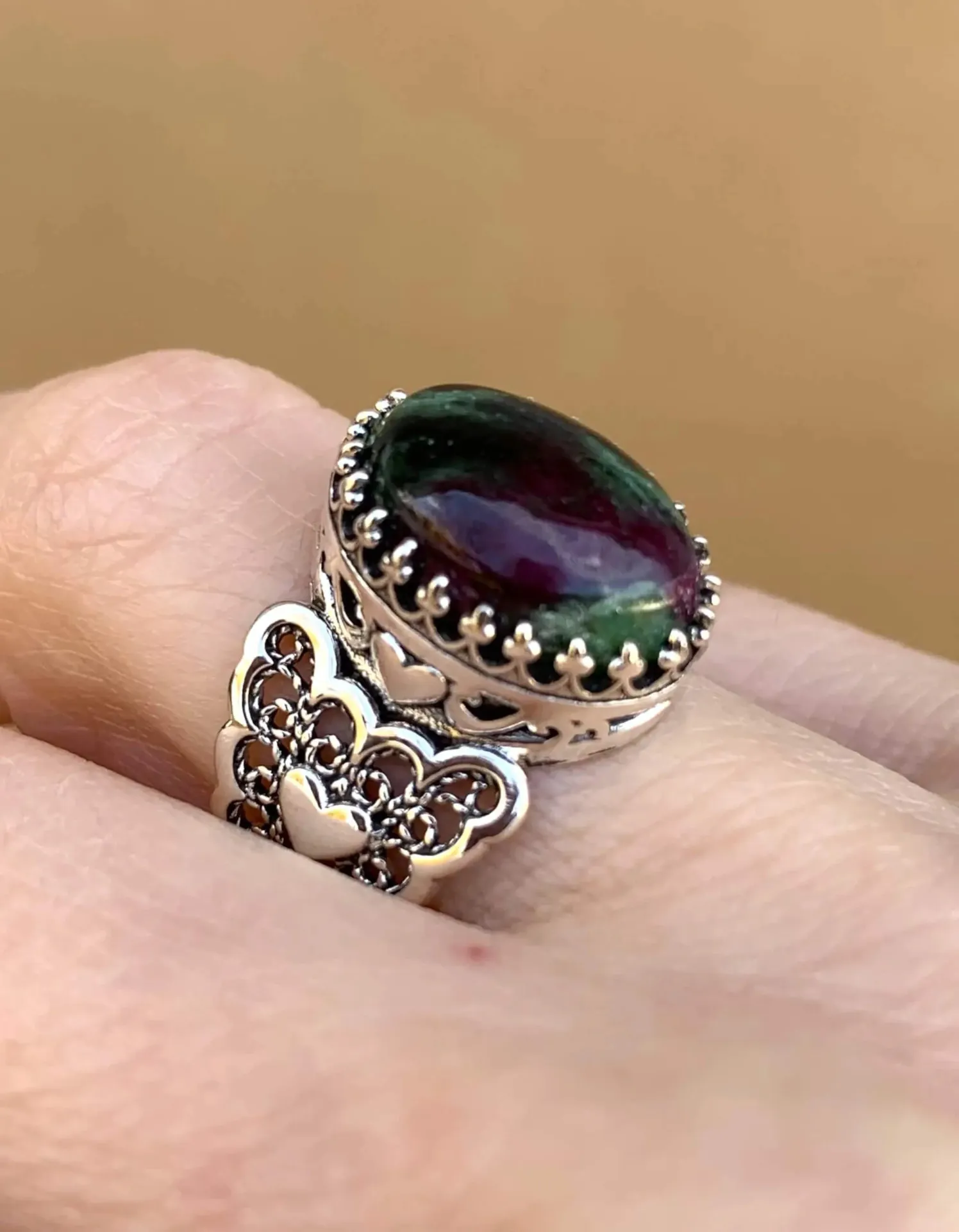 Ruby Zoisite Double Heart Silver Ring - Filigree Art Statement Ruby Zoisite Ring, Double Heart Jewelry