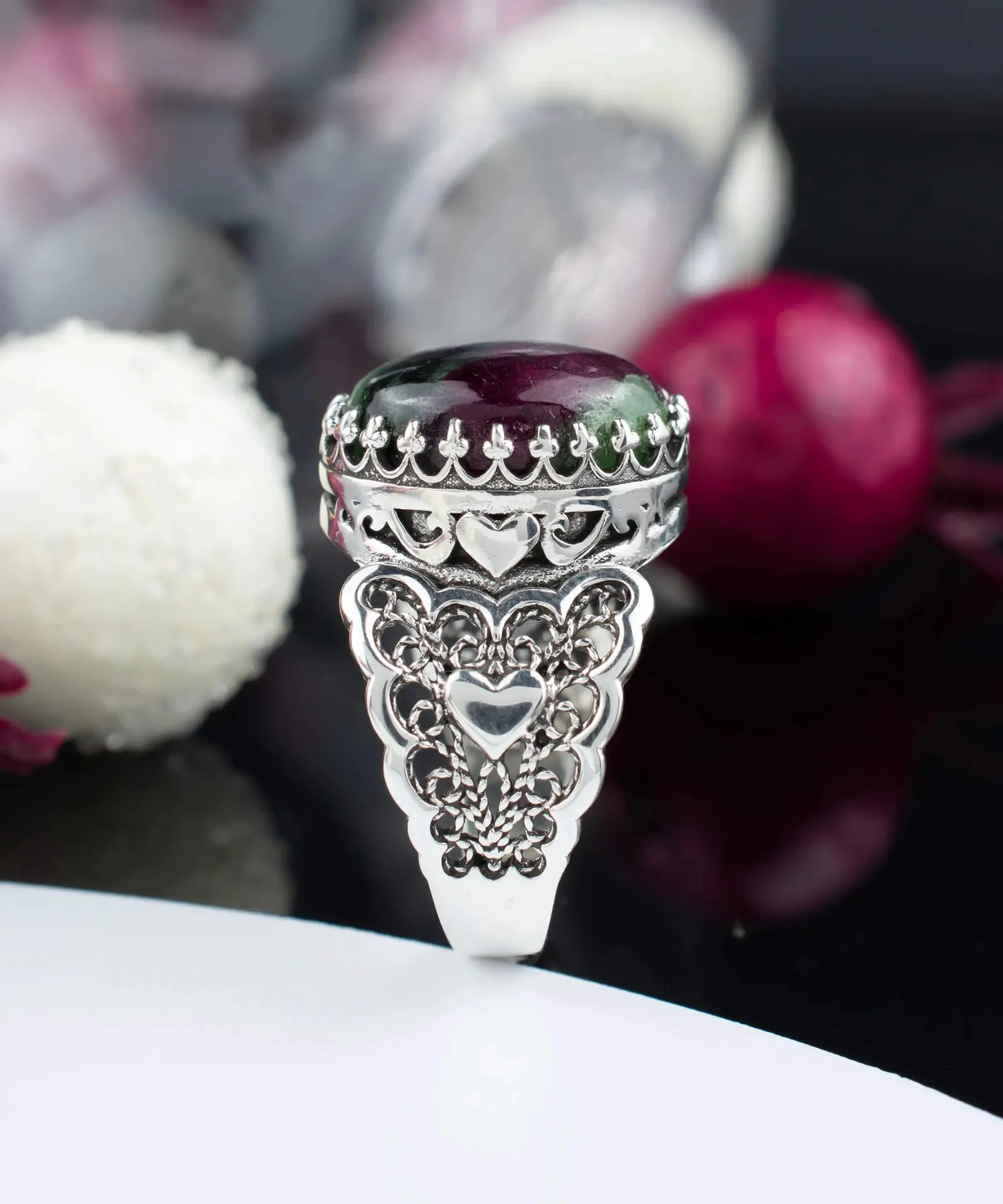 Ruby Zoisite Double Heart Silver Ring - Filigree Art Statement Ruby Zoisite Ring, Double Heart Jewelry