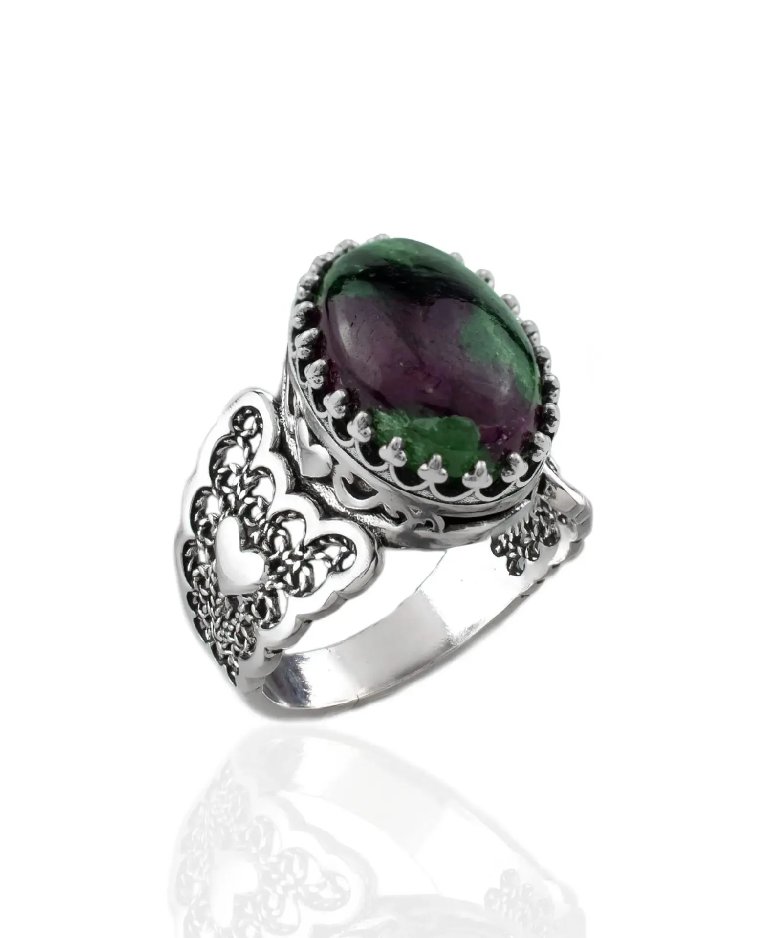 Ruby Zoisite Double Heart Silver Ring - Filigree Art Statement Ruby Zoisite Ring, Double Heart Jewelry