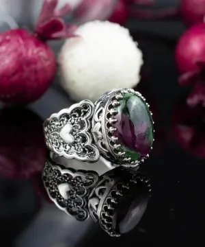 Ruby Zoisite Double Heart Silver Ring - Filigree Art Statement Ruby Zoisite Ring, Double Heart Jewelry