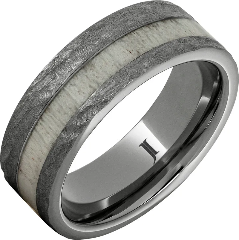 Rugged Tungsten Ring With Antler Inlay And Treebark Finish