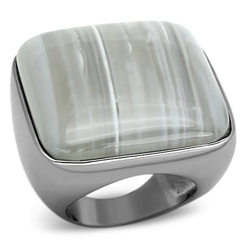 Ruthenium Brass Ring with Semi-Precious Agate in Light Gray for Women Style LOA905