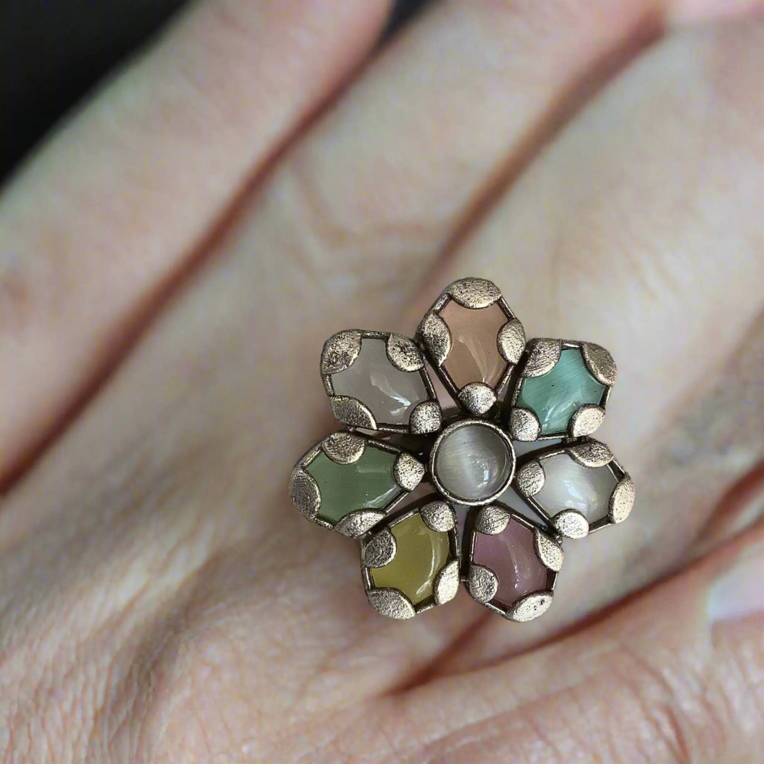 Salvanity German Silver Rainbow Flower Adjustable Finger Ring