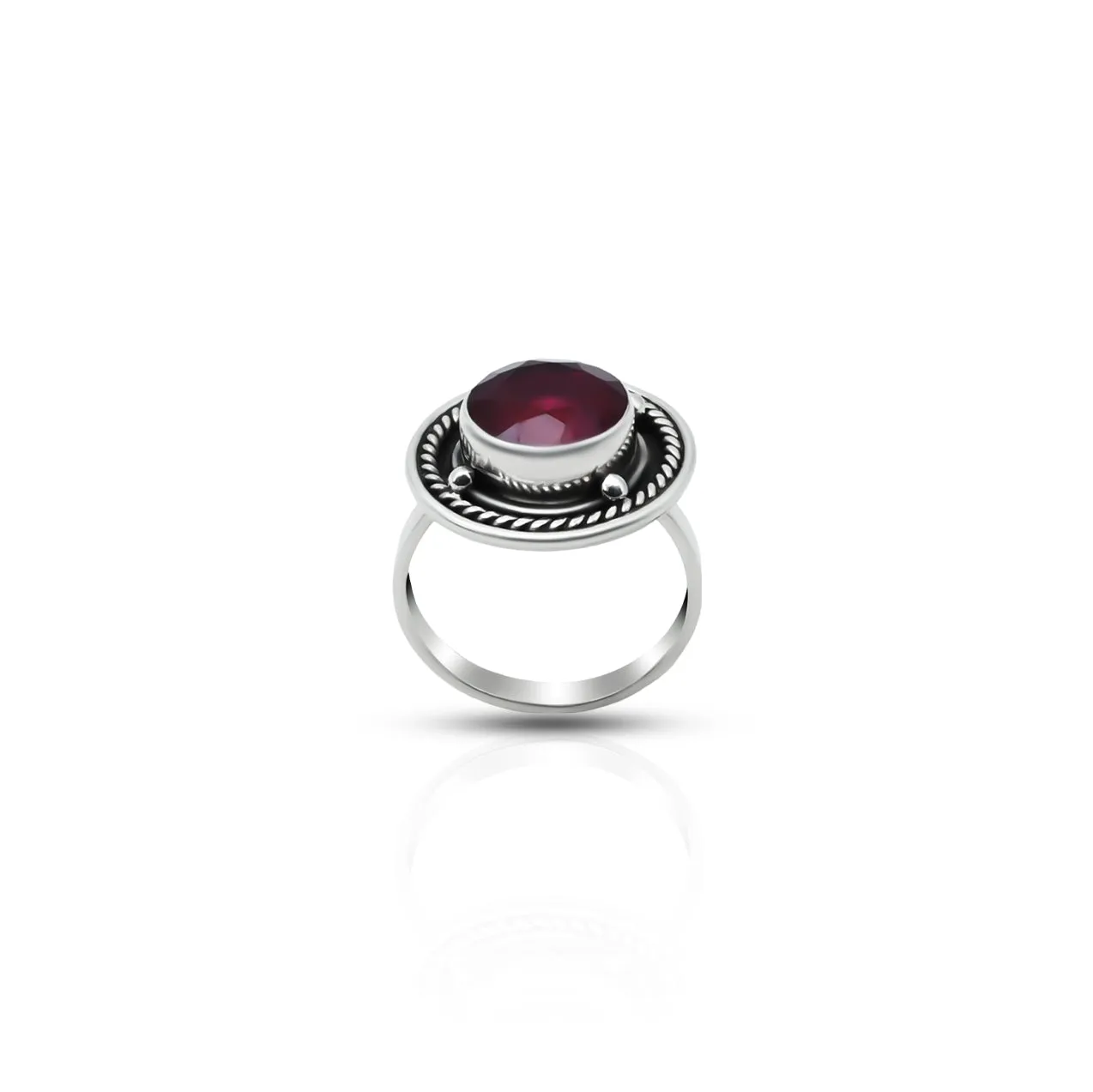 Silver Center Maroon Round Gem Stone Ring for Girls