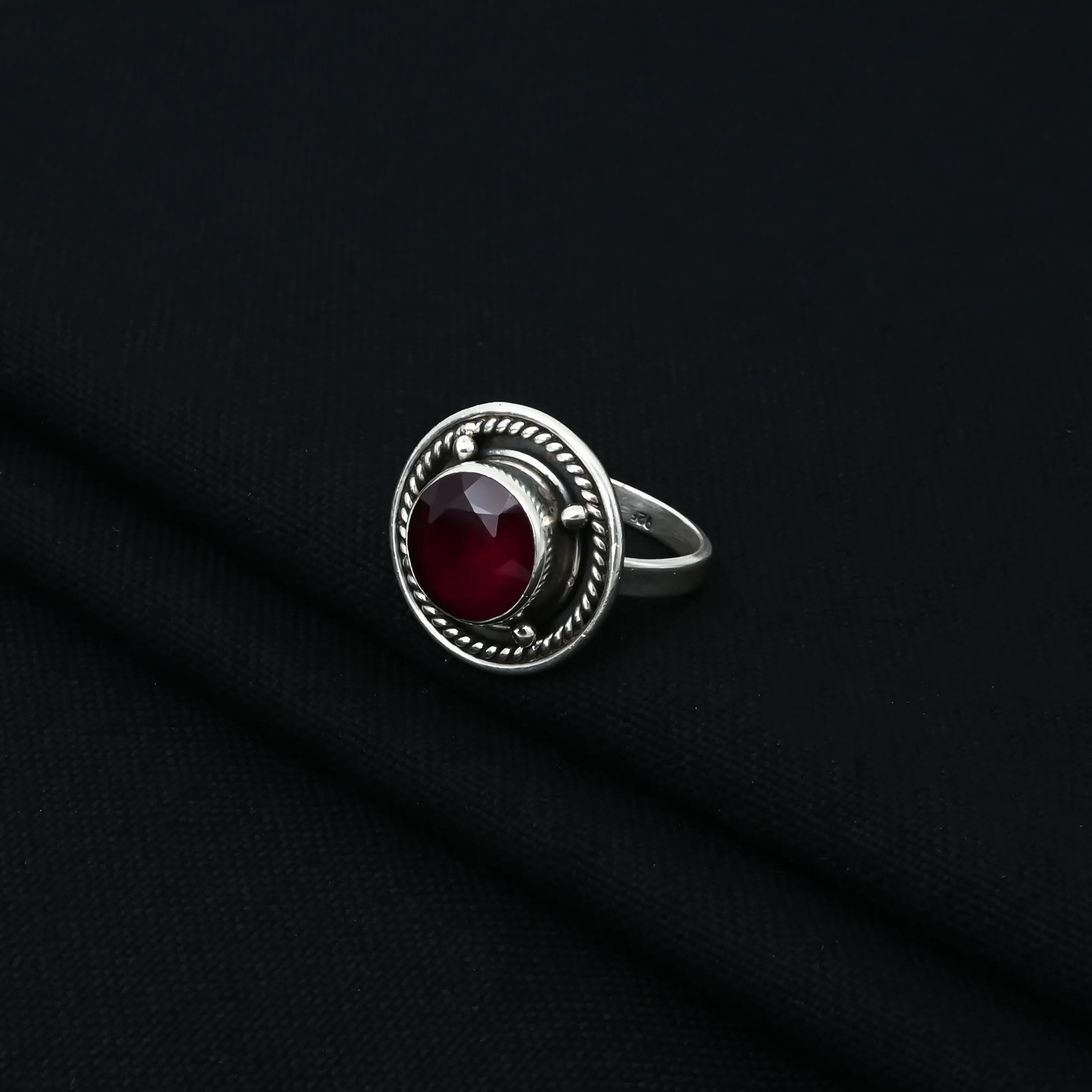 Silver Center Maroon Round Gem Stone Ring for Girls