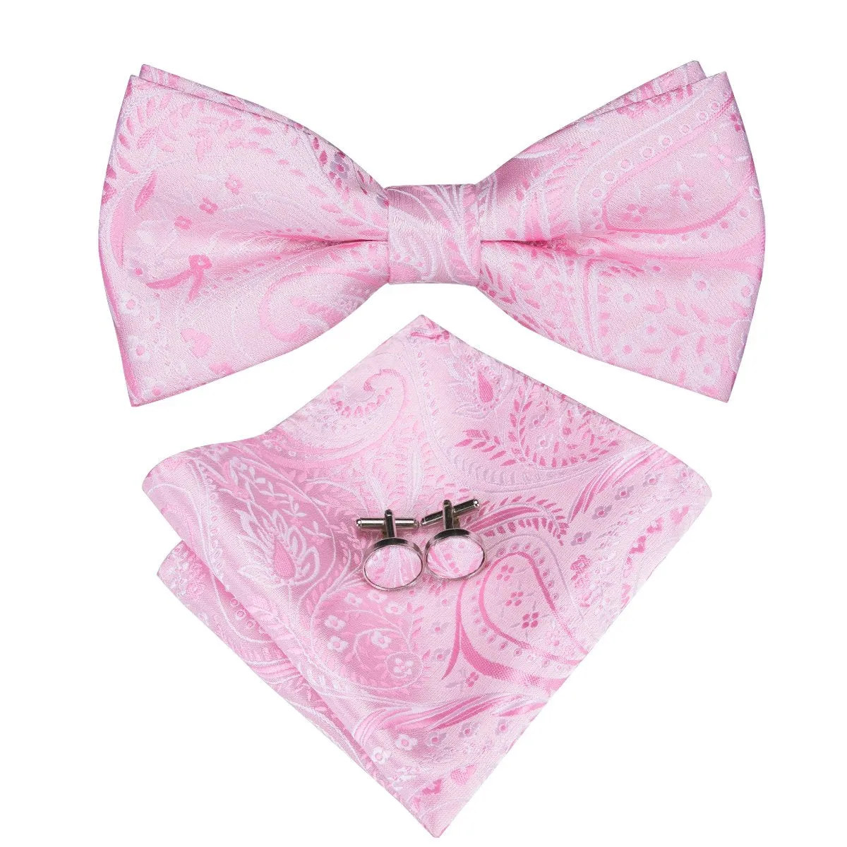 Silver Pink Floral Pre-tied Bow Tie Hanky Cufflinks Set