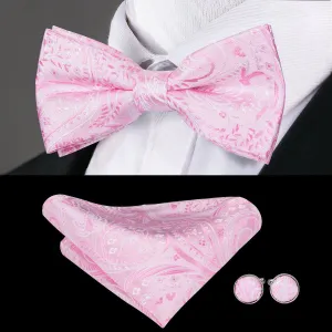 Silver Pink Floral Pre-tied Bow Tie Hanky Cufflinks Set