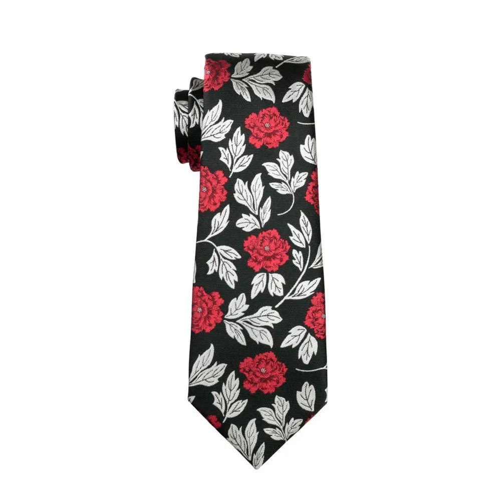 Silver Red Black Floral Men's Tie Pocket Square Cufflinks Gift Box Set