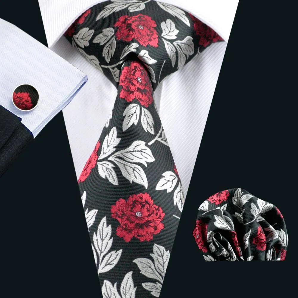 Silver Red Black Floral Men's Tie Pocket Square Cufflinks Gift Box Set