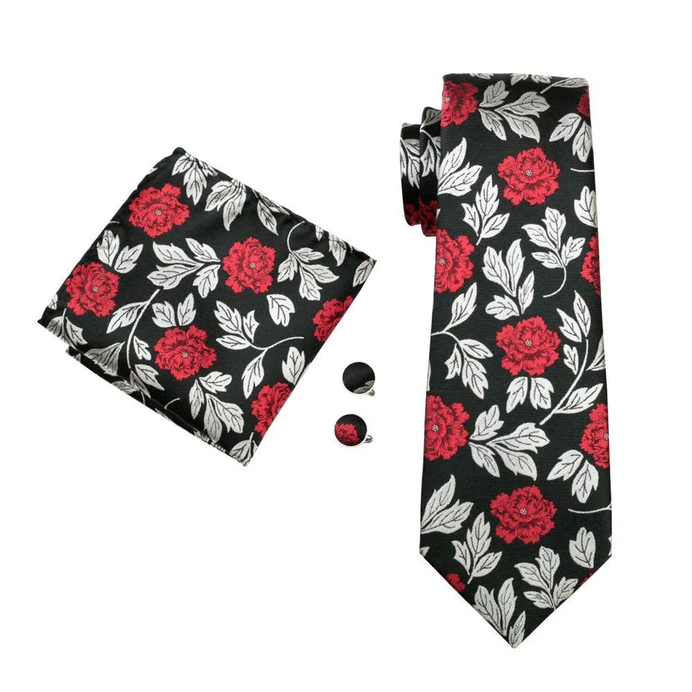 Silver Red Black Floral Men's Tie Pocket Square Cufflinks Gift Box Set