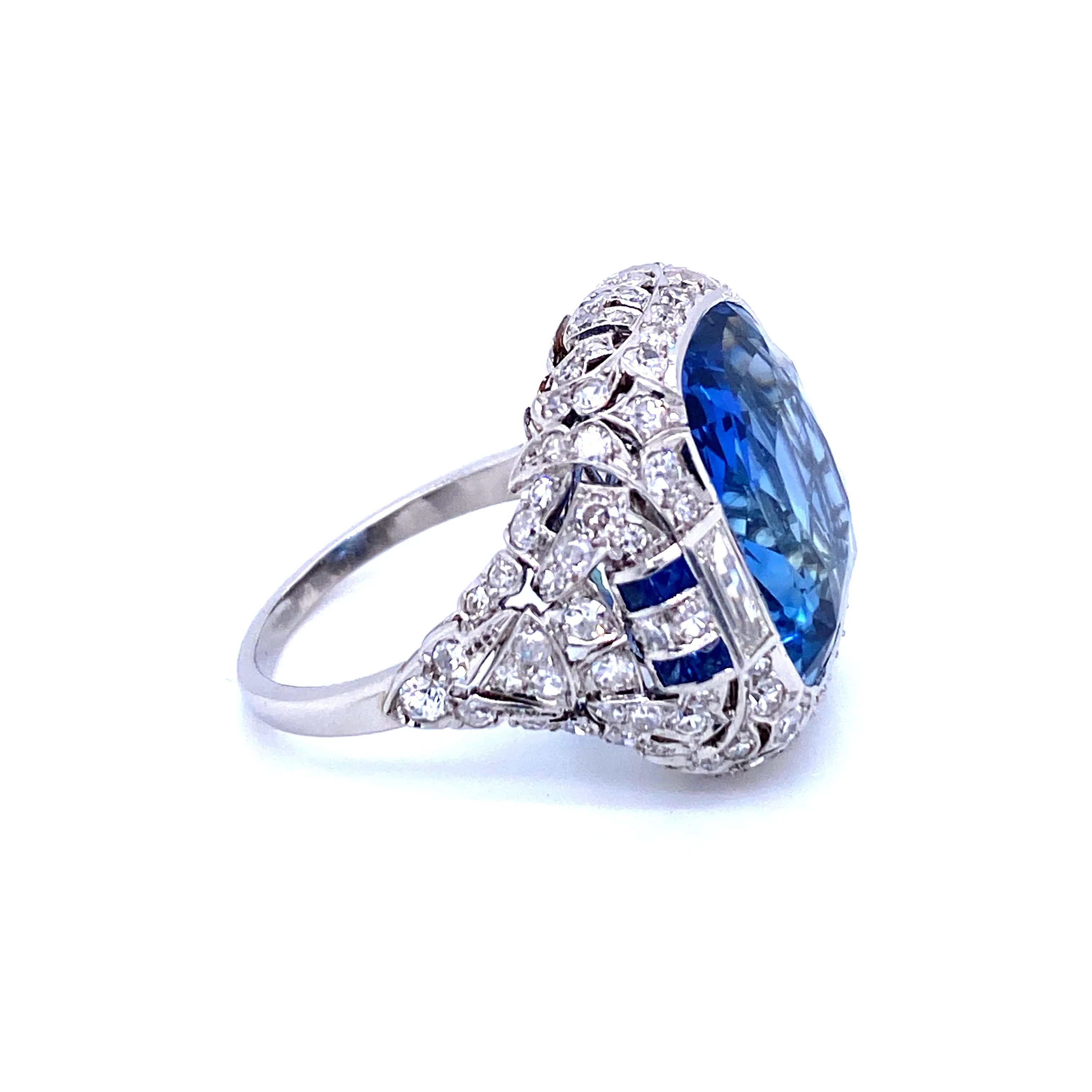 Ssef/Gubelin Certified 17 Carat Sapphire Art Deco Diamond Platinum Ring