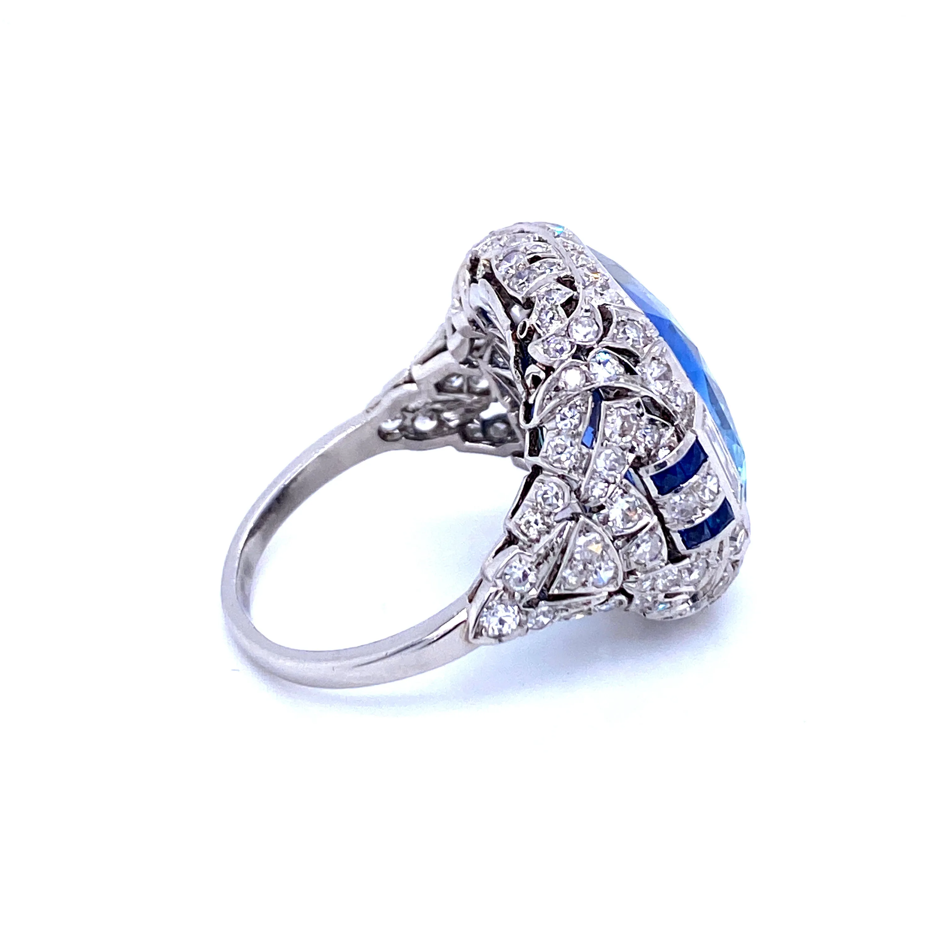 Ssef/Gubelin Certified 17 Carat Sapphire Art Deco Diamond Platinum Ring