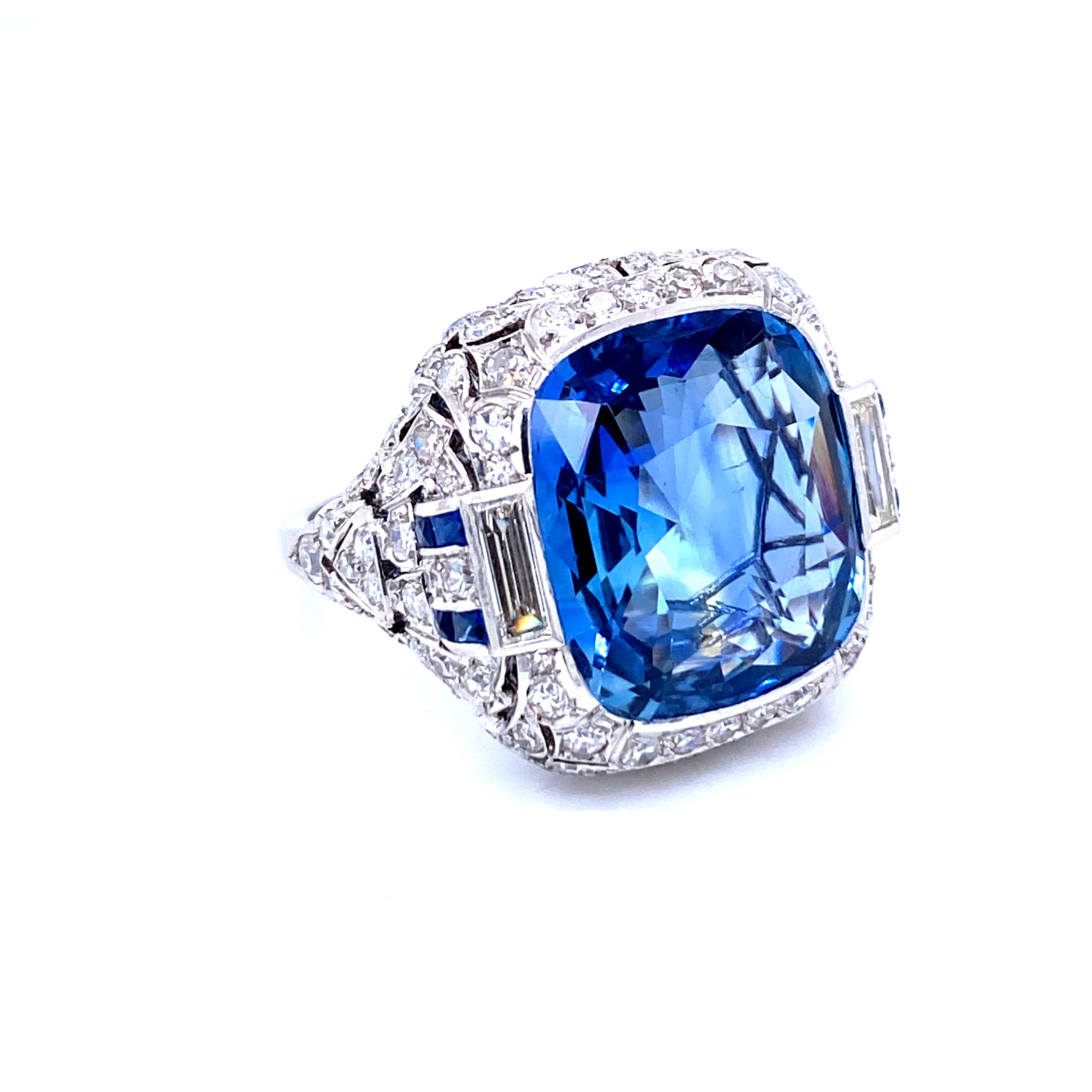 Ssef/Gubelin Certified 17 Carat Sapphire Art Deco Diamond Platinum Ring