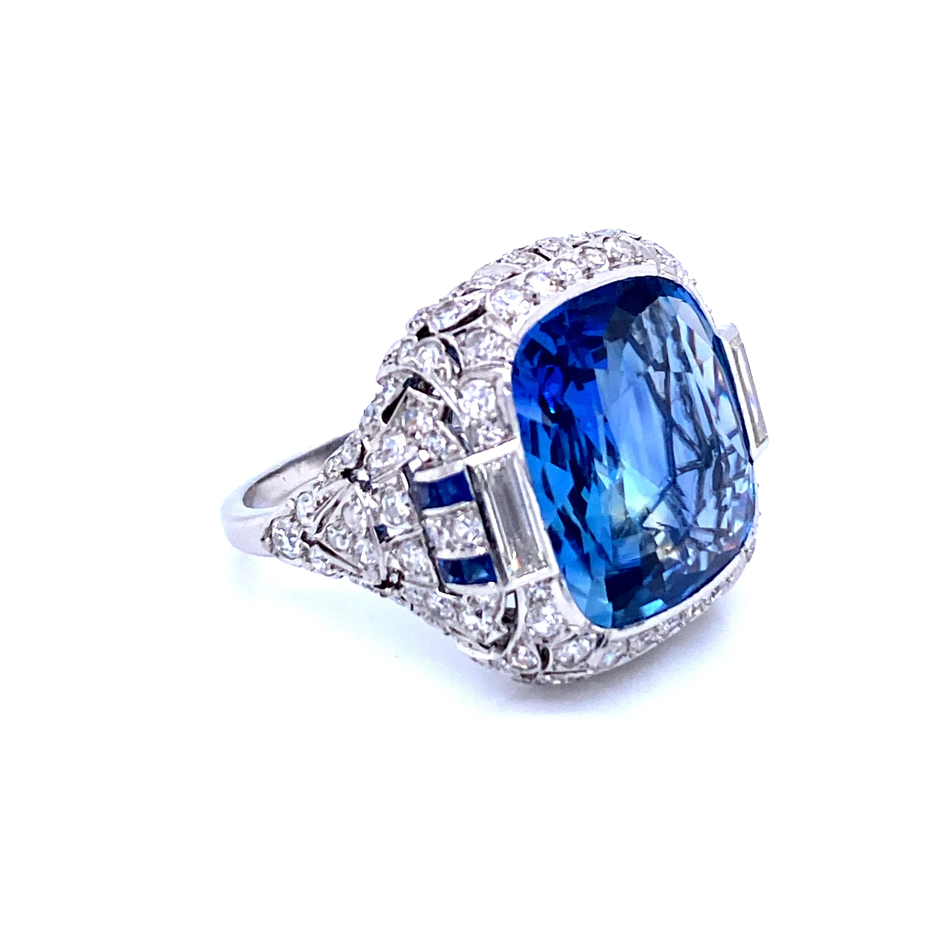 Ssef/Gubelin Certified 17 Carat Sapphire Art Deco Diamond Platinum Ring