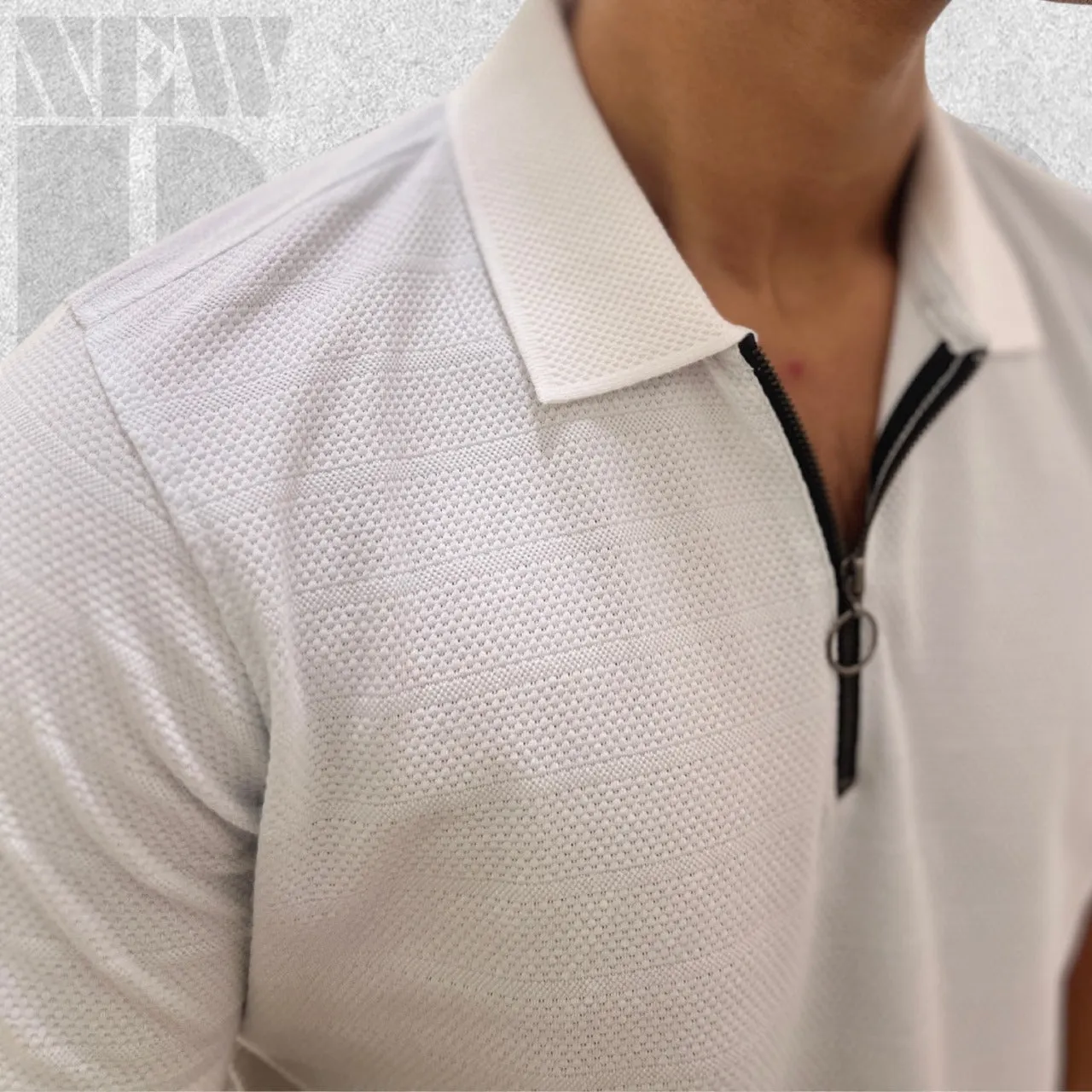 Textured Zip Knit Polo- Metro Edition | Blueish White