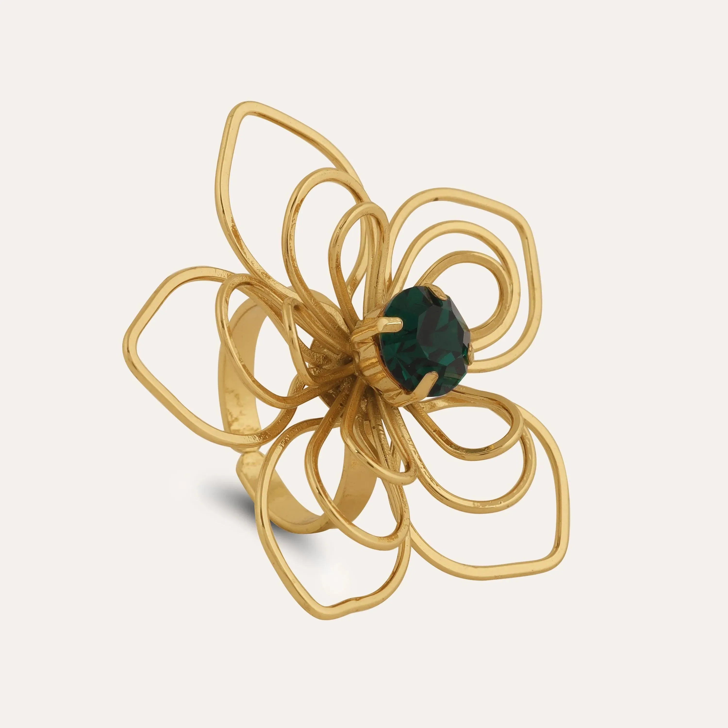 TFC 24K Floral Emerald Statement Gold Plated Adjustable Ring