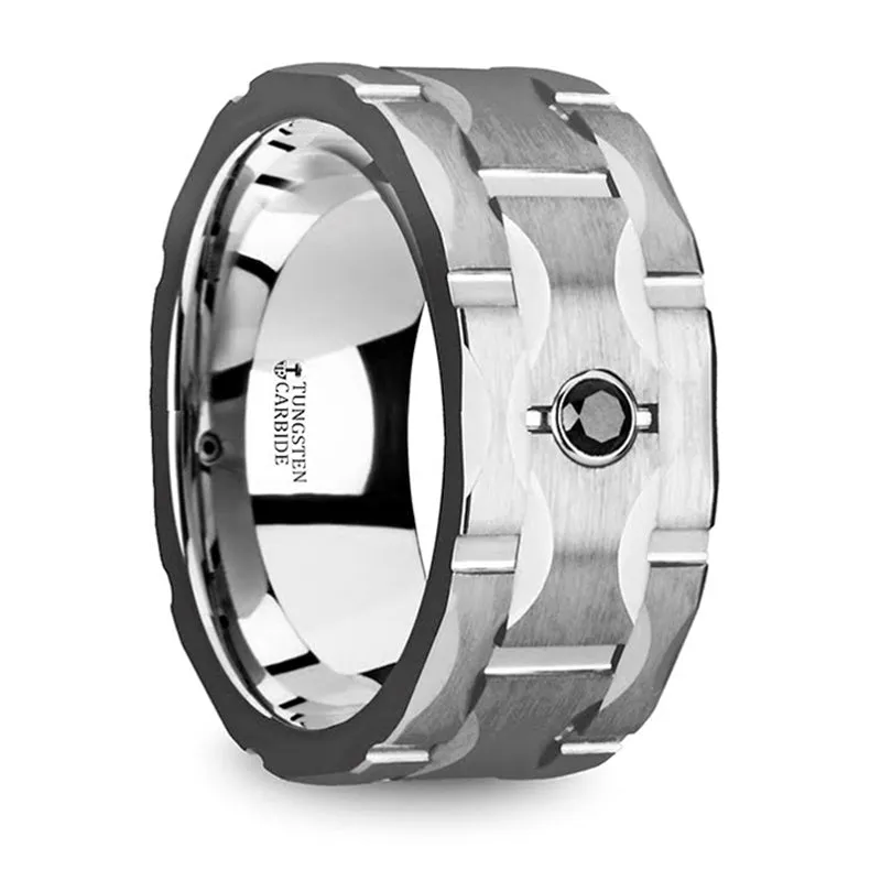 Thorsten Saint Brushed Tungsten Wedding Band w/ Grooves & Black Diamond (10mm) T5420-BGFD