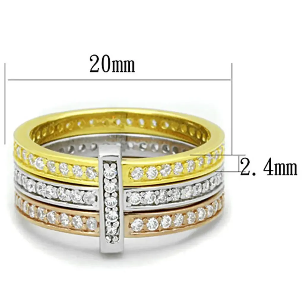 Tri-Tone Elegance: Rhodium, Gold, and Rose Gold Sterling Silver Ring with Clear AAA Grade CZ