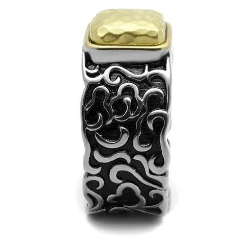 Two-Tone IP Gold (Ion Plating) Stainless Steel Ring with Epoxy in Jet for Women Style TK2509